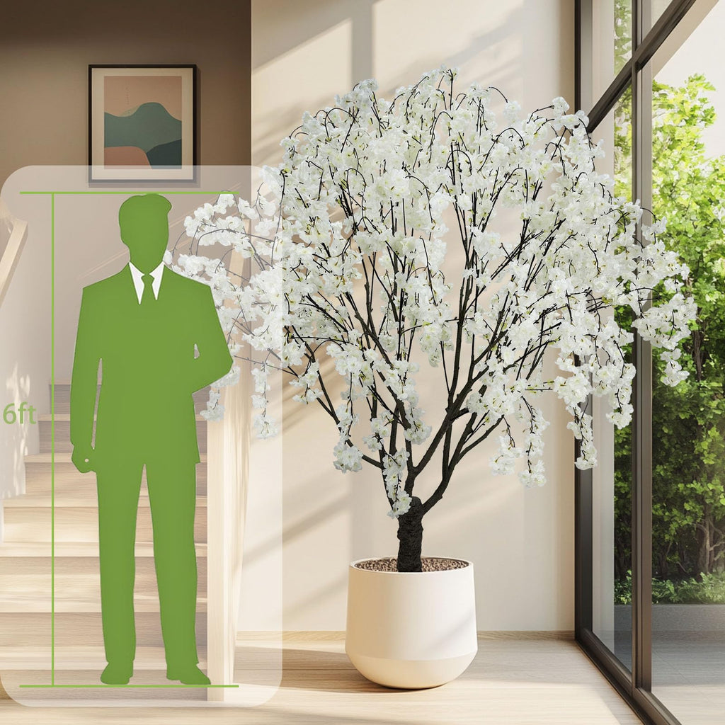 Artificial White Cherry Blossom Tree, 7 Ft Tall Indoor Faux Plant with Cascading Branches, Potted Decorative Tree