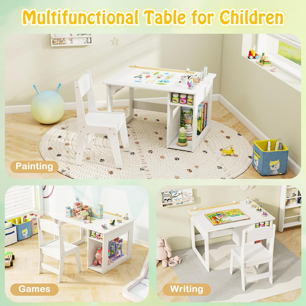 White Kids Table and Chair Set, Wooden Arts and Crafts Activity Table w/Paper Roller, 4 Paint Cups & Storage Shelves