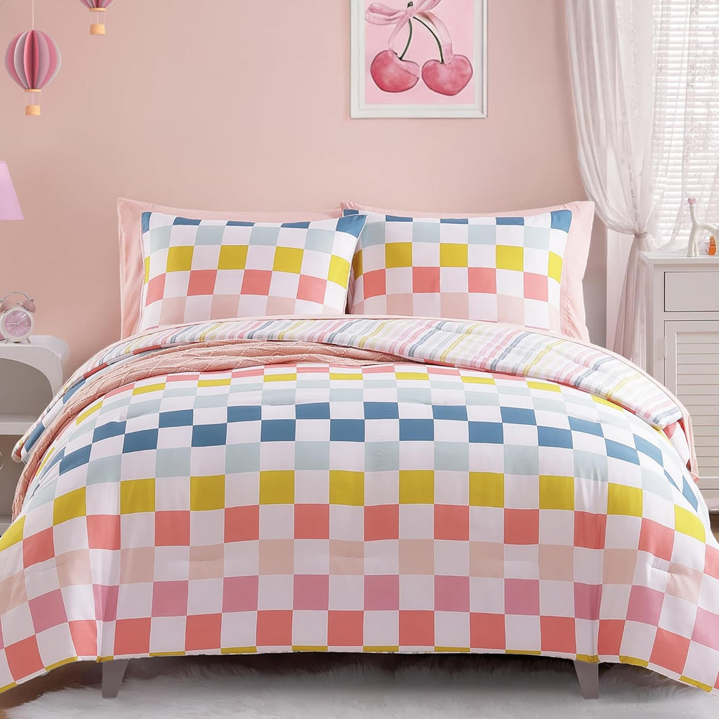 Full Comforter Set for Girls-7 Pieces Colorful Checkered Full Bedding Sets for Kids, Soft Bed in A Bag with Striped