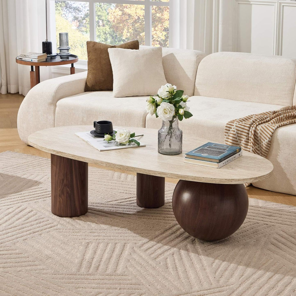55'' Modern Oval Wood Coffee Table, 3 Walnut Accent Legs