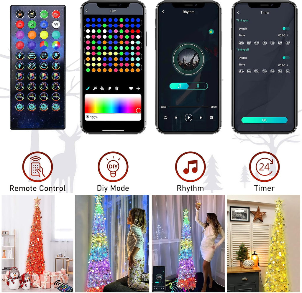 5 Ft Pop Up Christmas Tinsel Tree with Multi-Color Timer LED Lights, Collapsible Pencil Christmas Tree with Remote