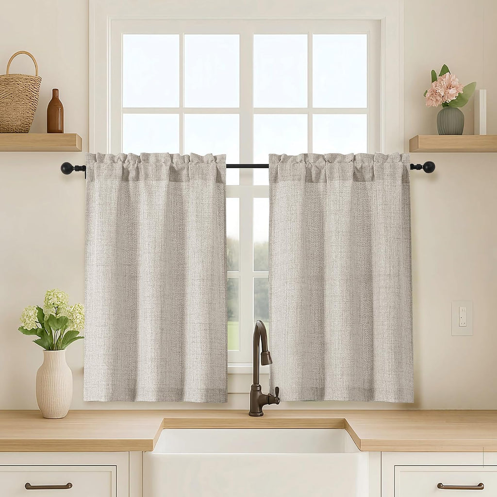 2 Panels Kitchen Curtains 36 Inch Length, Faux Linen Textured Small Cafe Window Curtain Over Sink, Light Filtering