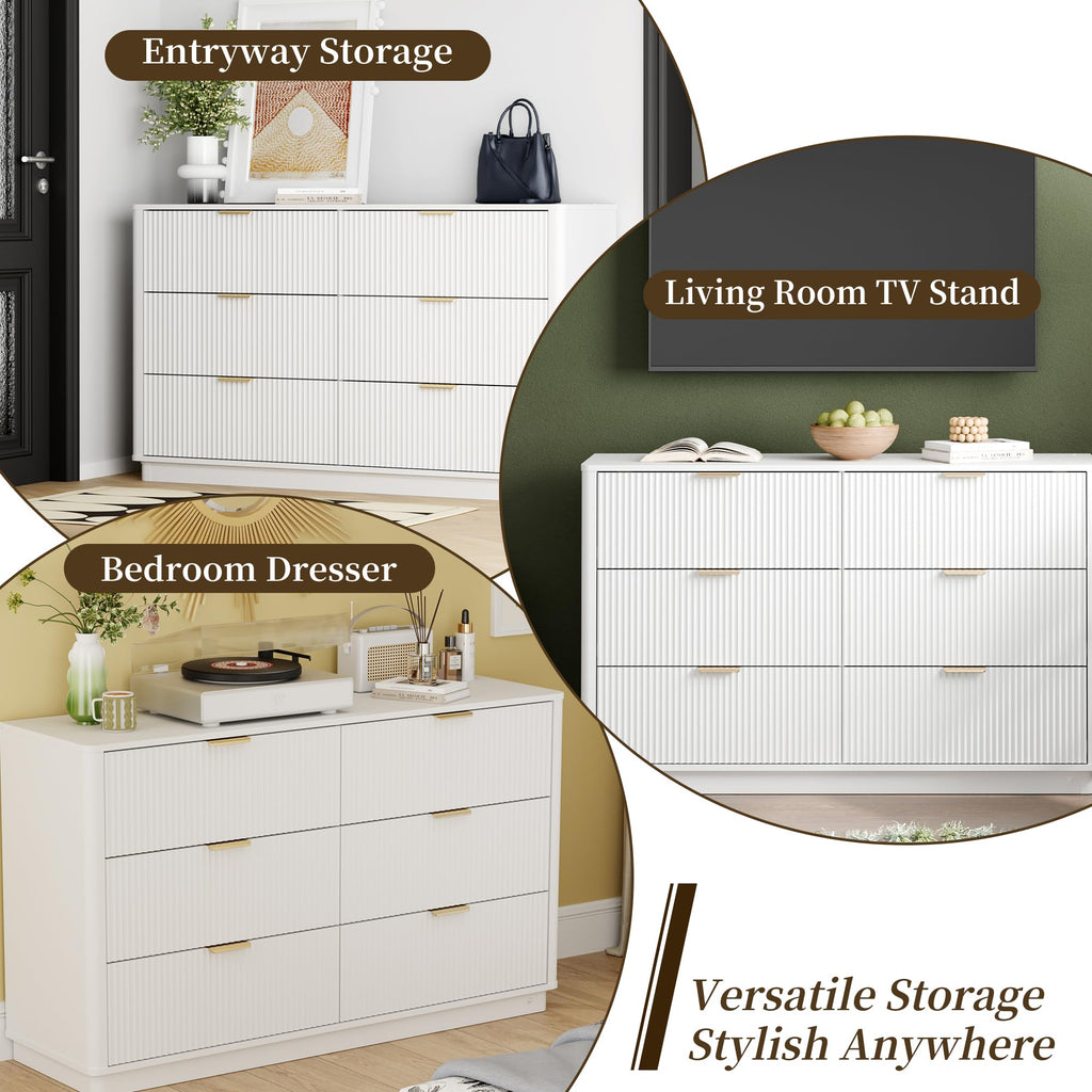 Fluted Dresser with 6 Drawers, 54" Wide Modern Chest of Drawers with Lighting, Wooden Dresser TV Stand with Curved