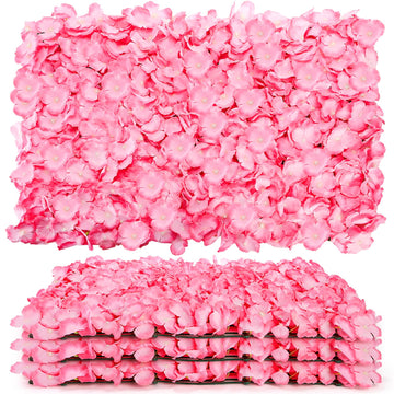 4 Pack 24"x16" Flower Wall Panel Set, Artificial Flower Backdrop, 3D Silk Pink Hydrangea Floral, Wall Decorative Faux