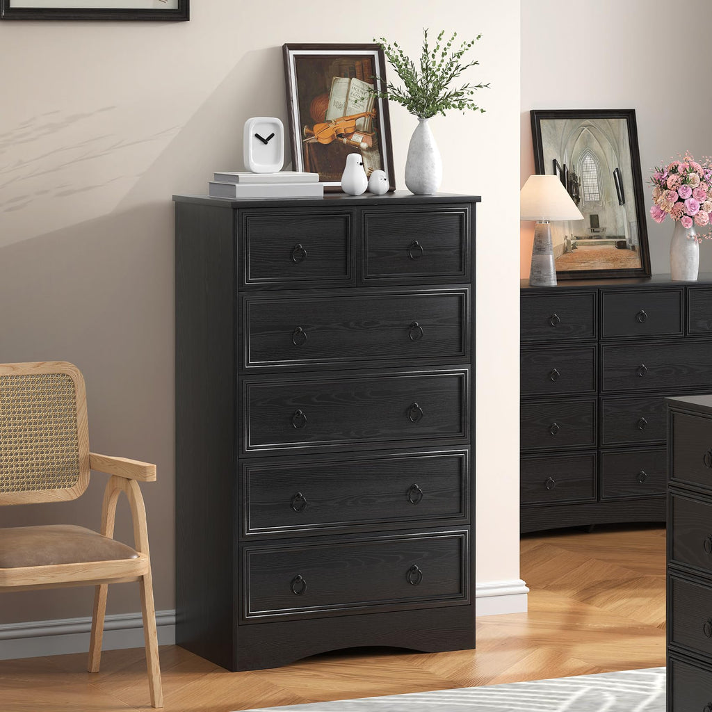 48'' Tall Black Dresser with 6 Drawers Chest of Drawers, Large Storage Organizer for Clothes, Black