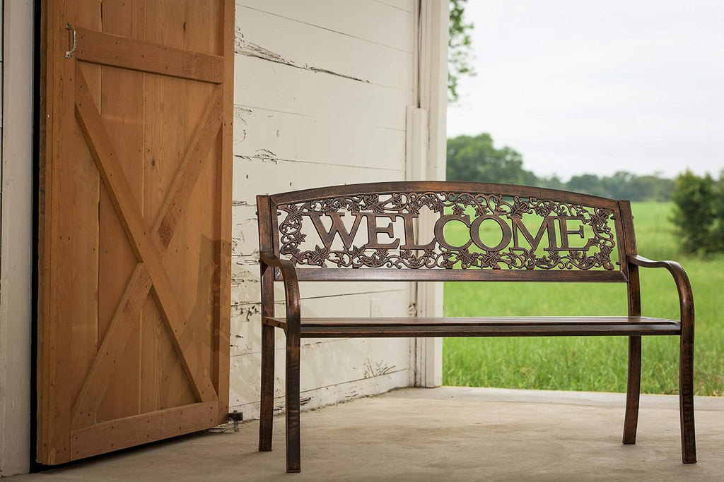 Metal Outdoor Bench, Welcome Design, Decorative Patio Seating for Porch/Deck