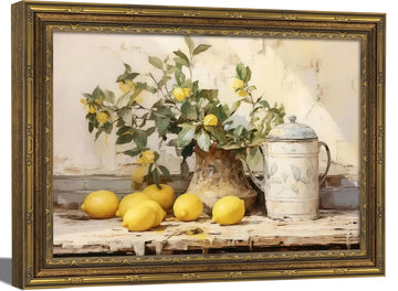 Vintage Gold Framed Kitchen Wall Art, Farmhouse Rustic Lemon Kitchen Wall Decor Painting, Retro Country Still Life