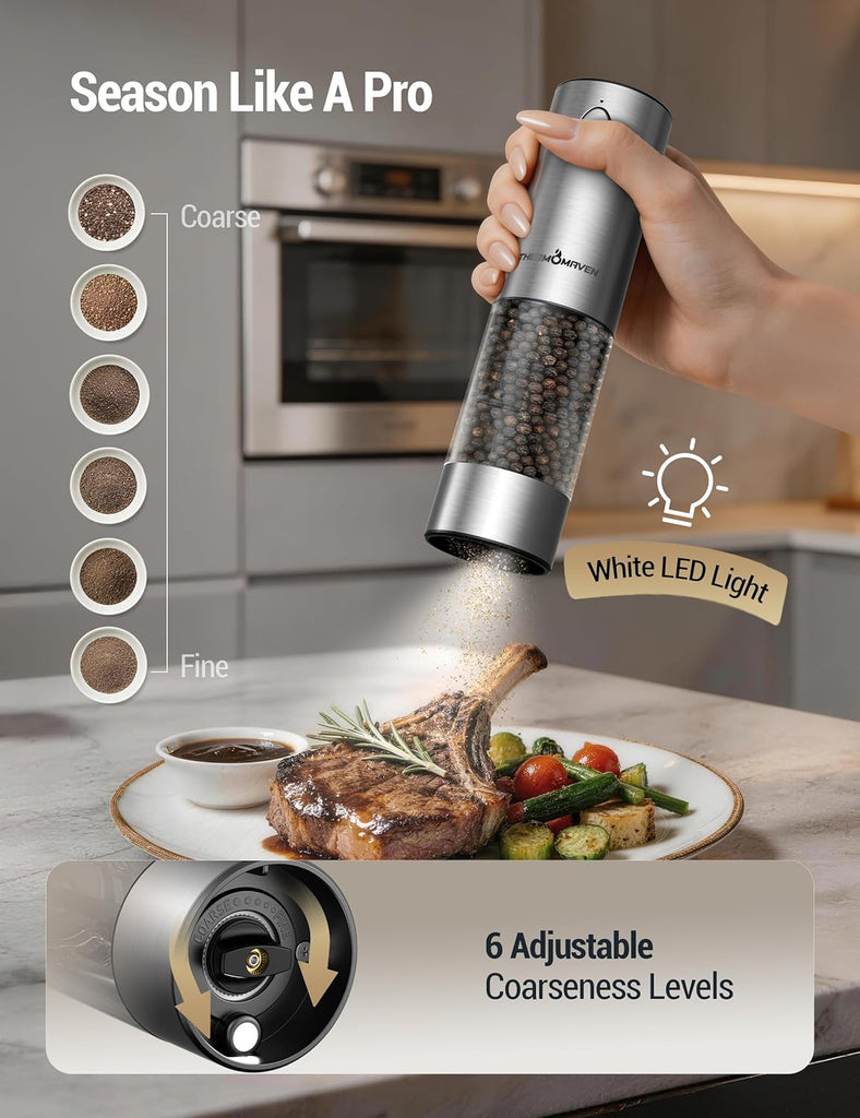 Upgraded Larger Capacity Electric Salt and Pepper Grinder Set, 110ml Rechargeable Salt and Pepper Shaker with LED - Set of 2