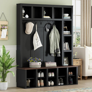 Hall Tree with Bench & Shoe Storage, Farmhouse Wood Coat Rack, Black