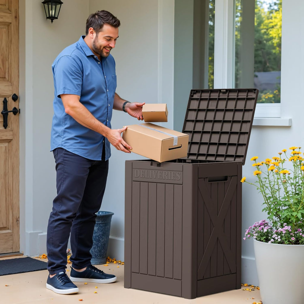 48 Gallon Outdoor Package Delivery Box with Lock, Waterproof Secure Parcel Drop Box Wall Resin Storage, Brown