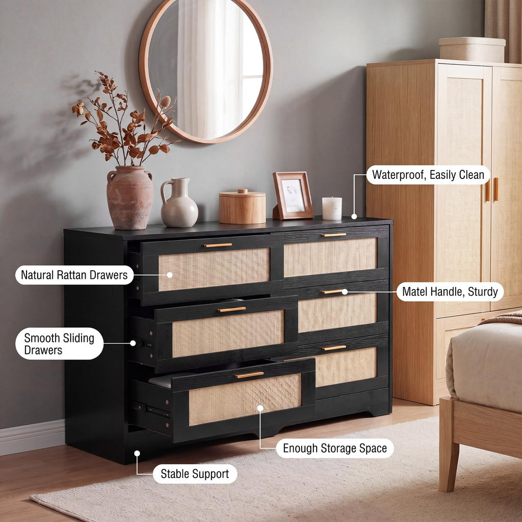 Dresser 6 Drawer Dresser Bedroom Furniture Storage Living Room Hallway, High Weight Capacity 300lbs, Imitation Rattan