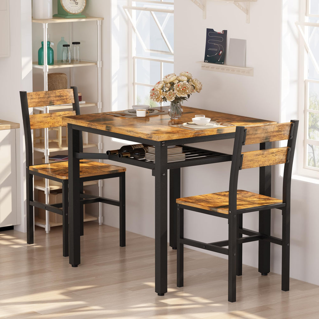 3 Piece Dining Table Set for 2, Small Wooden Kitchen Table with Storage, Farmhouse Square Dinette Set, Breakfast
