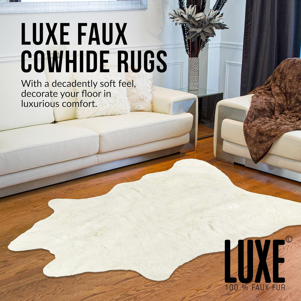 Faux Cowhide Rug for Rustic and Western Decor | Low Pile Faux Fur Rug with Off White Cow Print | Cruelty-Free Fade