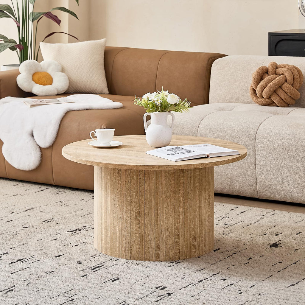 31.5" Round Coffee Table with Fluted Pedestal Base, Natural