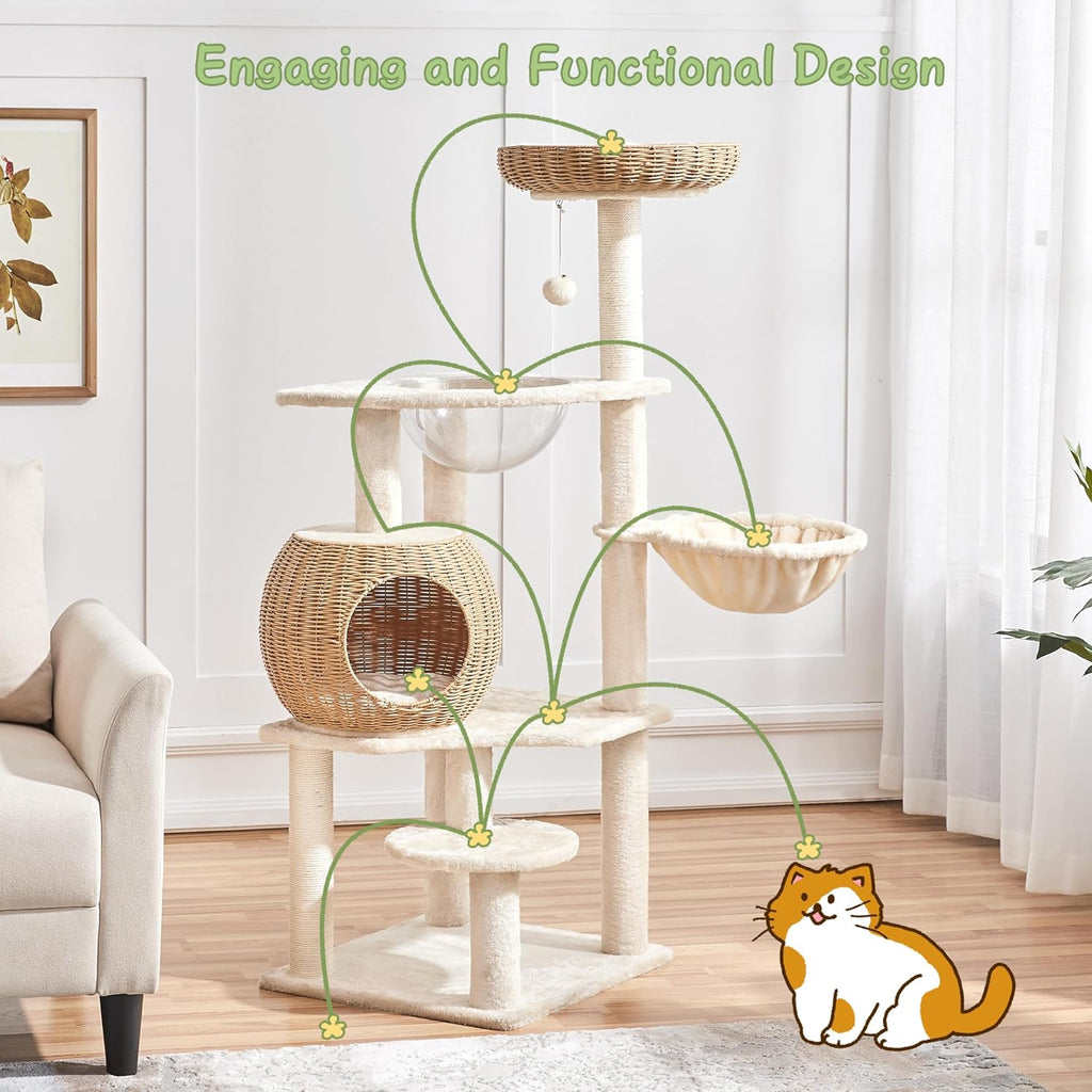 54in Rattan Cat Tree Tower with Woven-Style Nest and Hammock