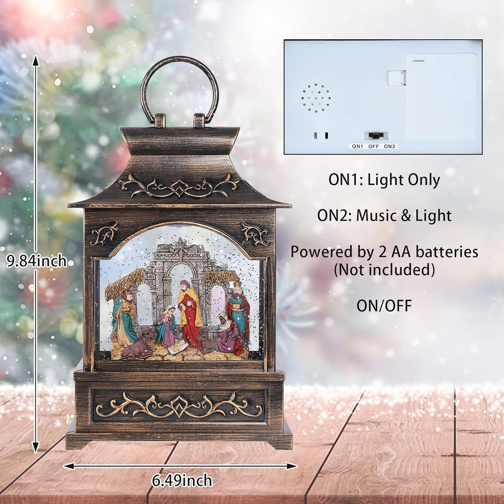 Christmas Nativity Snow Globe Lantern Musical Swirling Glitter Light