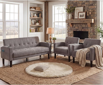 Sofa Couch, Living Room Furniture Sectional Sofa Sets 3 Pcs, Tufted Mid-Century Loveseat w/USB, Cupholders & Comfy