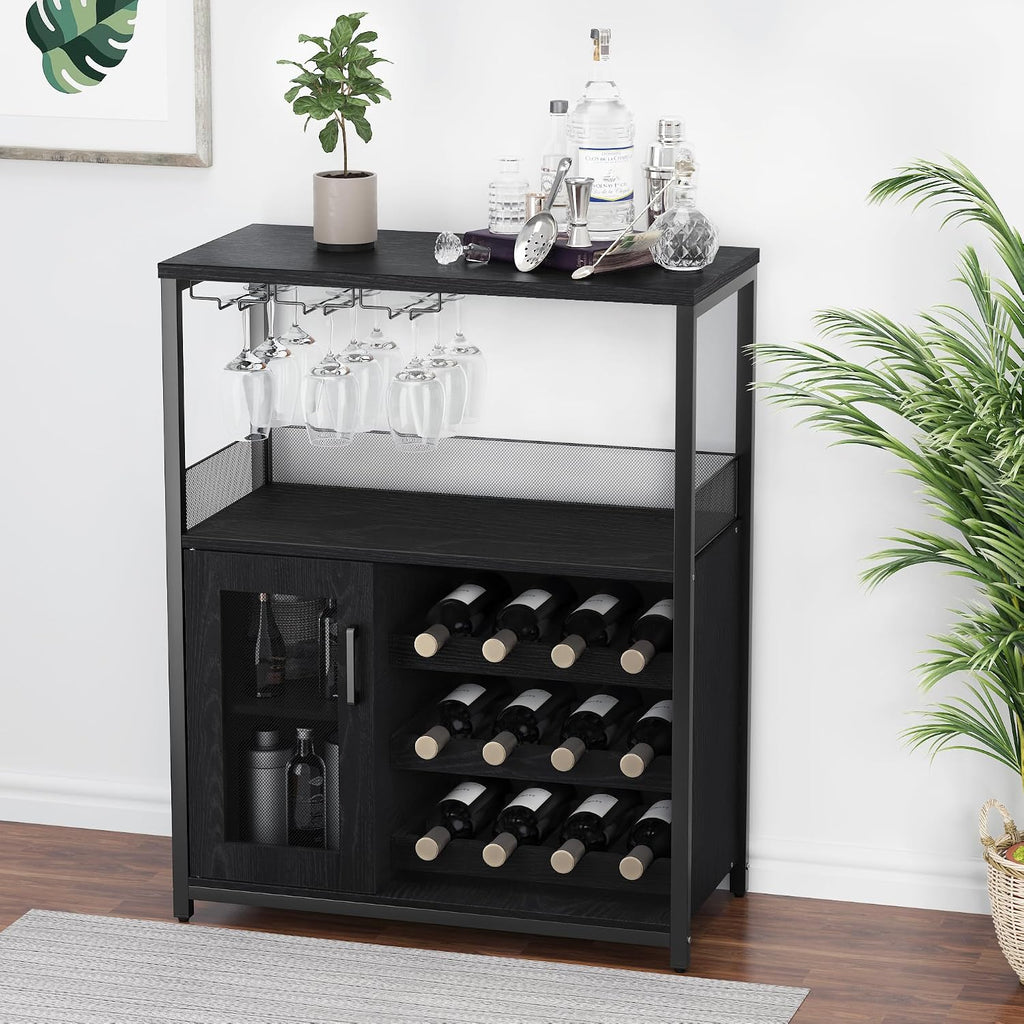 Vintage 3-Tier Wine Bar Cabinet-Small Buffet Sideboard with Adjustable Shelves,Glass Holders,Mesh Door &