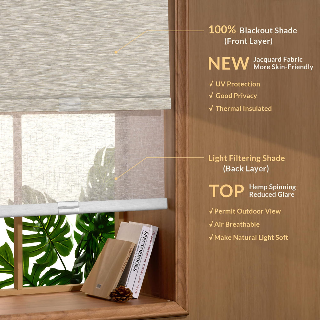 Cordless Dual Roller Shades, Jacquard Beige & White, Custom Size