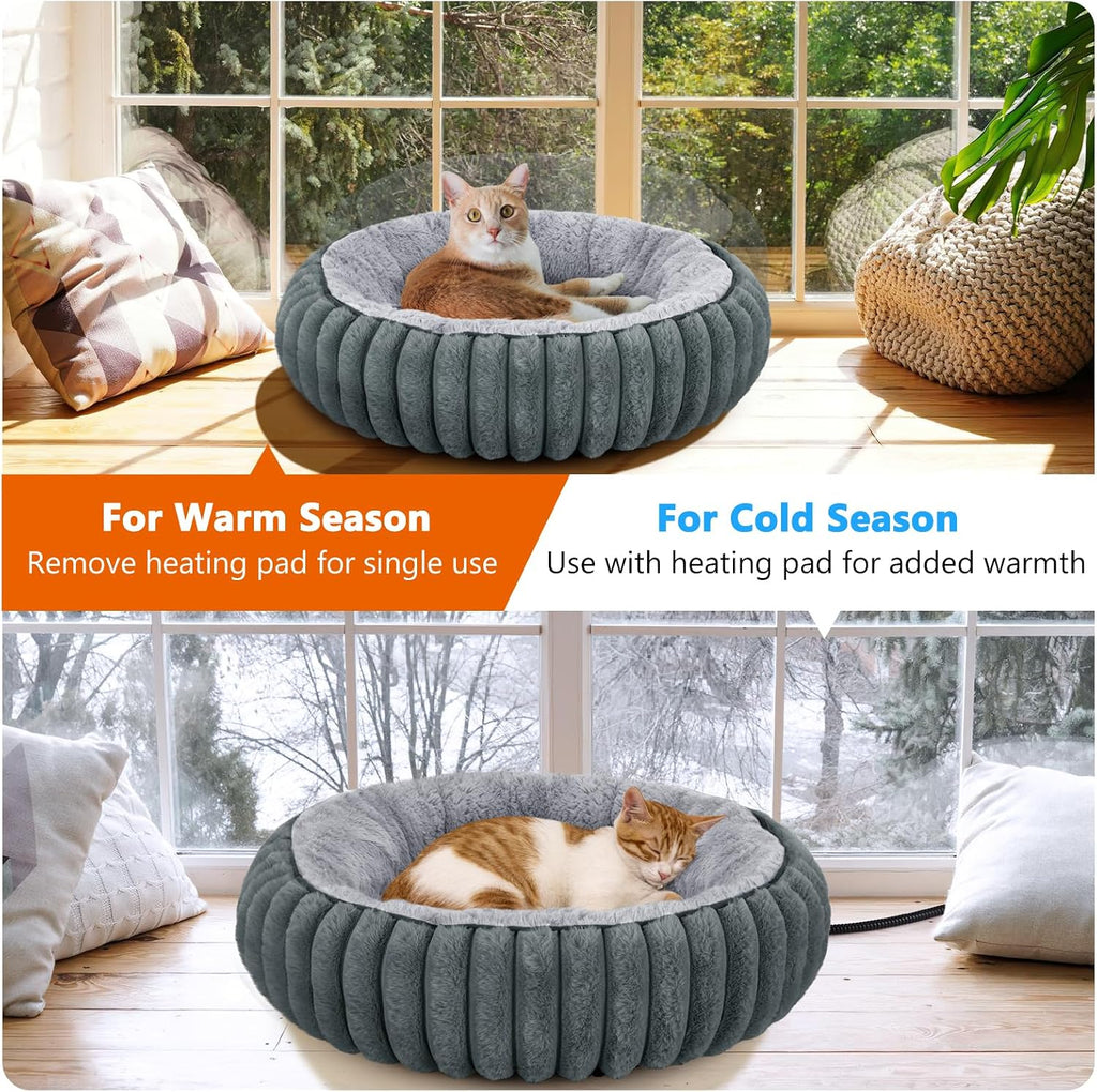 Heated Cat Beds for Indoor Cats and Small Dogs, Cozy Donut Heated Pet Bed with Timer & Temp Adjustable, Removable