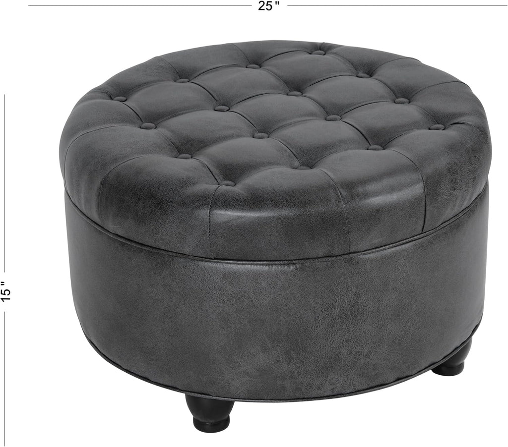25" Button Tufted Round Storage Ottoman - Gray Faux Leather