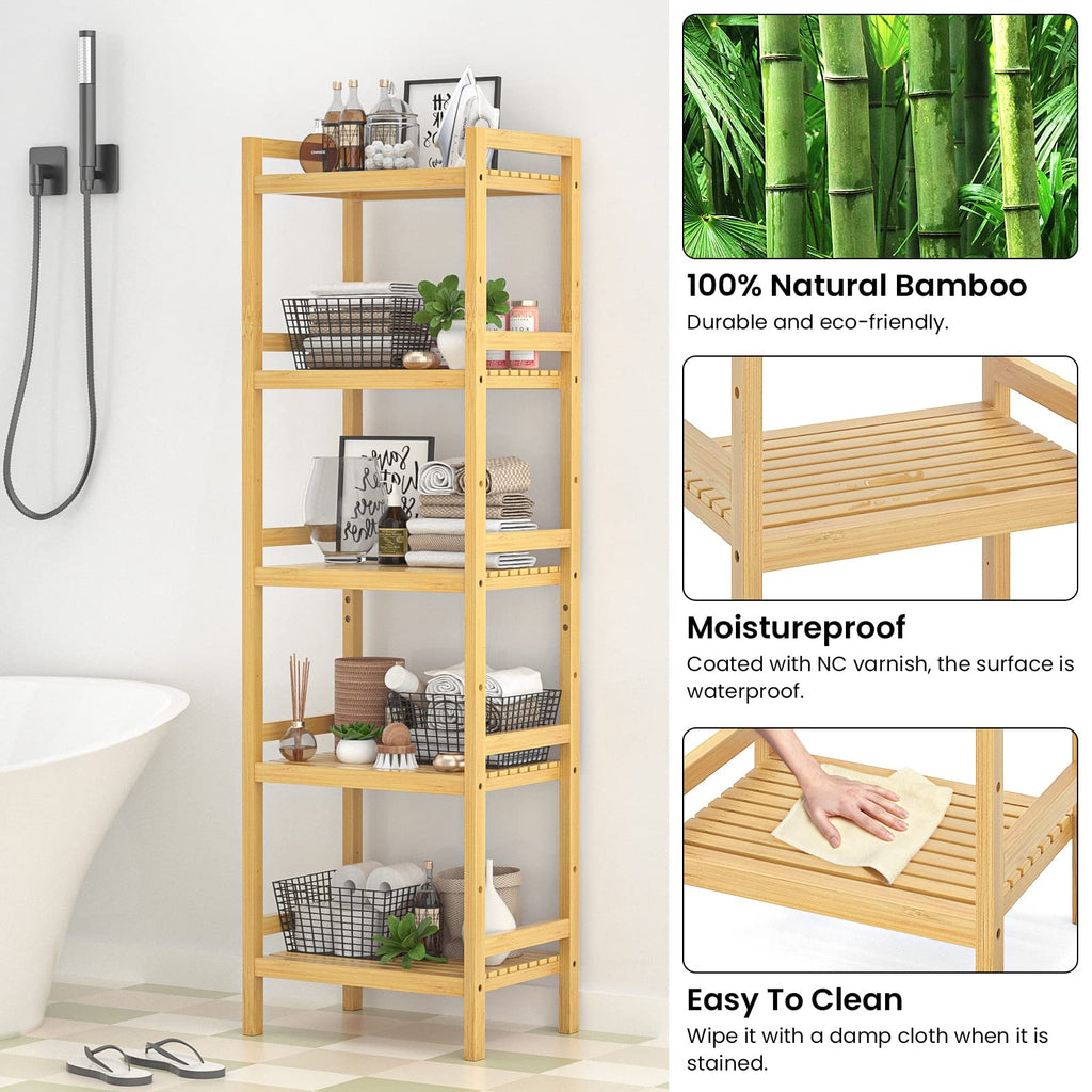 5-Tier Bamboo Shelf, 56"H Adjustable Narrow Bookshelf and Bookcase