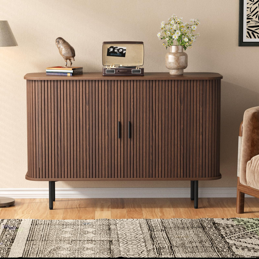 47''W x 32''H Walnut Storage Cabinet, Fluted Sideboard Buffet Cabinet with Storage, Console Table Credenza with