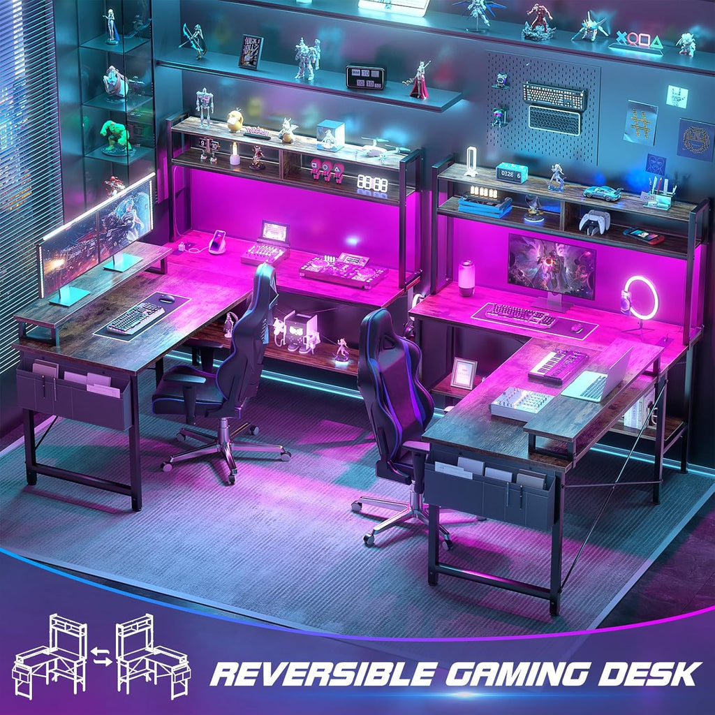 L Shaped Gaming Desk with Power Outlets & LED Lights, Rustic Brown | Small L- Shaped Desk Computer Corner Desk with