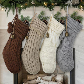 18'' Boho Brown with Bells Cable knitted Large Neutral Farmhouse Vintage Xmas Hanging Decorations - Set of 4
