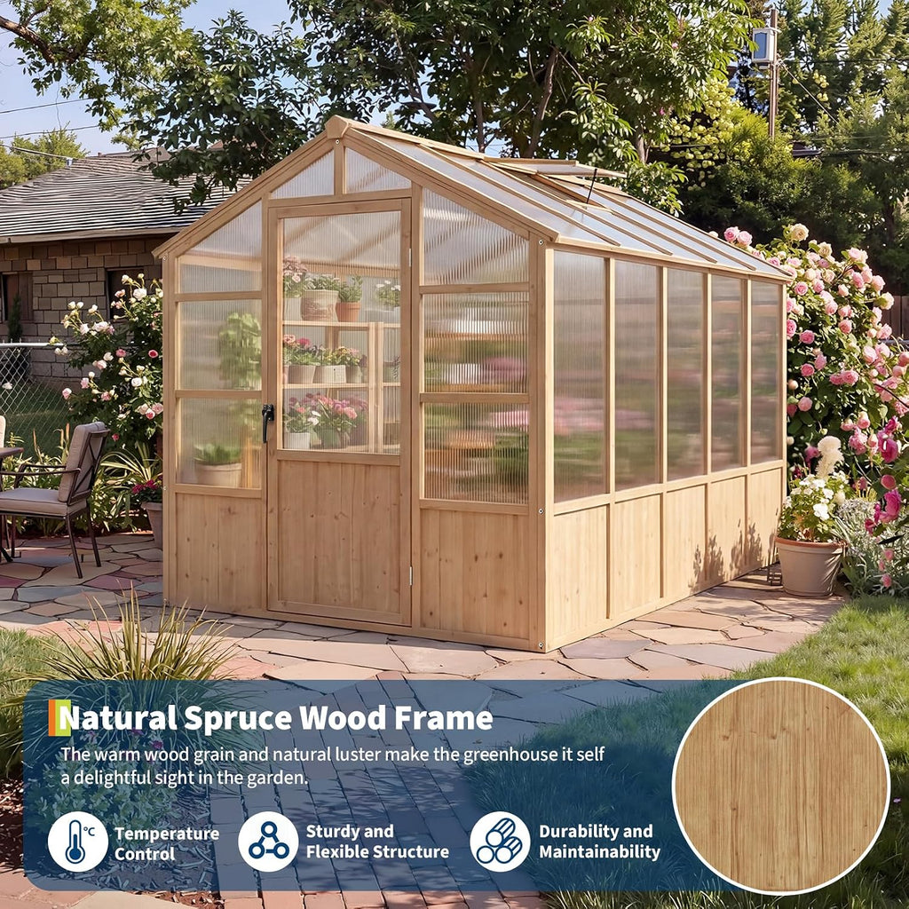 6'x10' Wooden Greenhouse for Outdoor, Large Walk-in Greenhouse Kit with Ventilated Window, Door & Polycarbonate