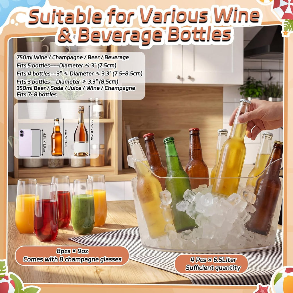 6.5L Clear Ice Buckets for Parties, Large Plastic Beverage Tub Set with Scoops, Champagne Flutes & Wine - Set of 4