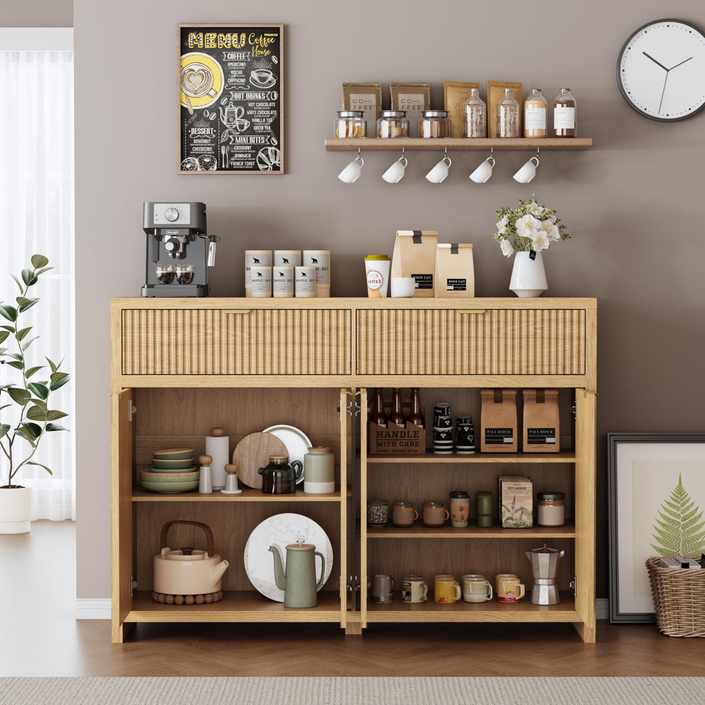 55" Fluted Sideboard Buffet Cabinet with Storage, Modern Credenza Oak