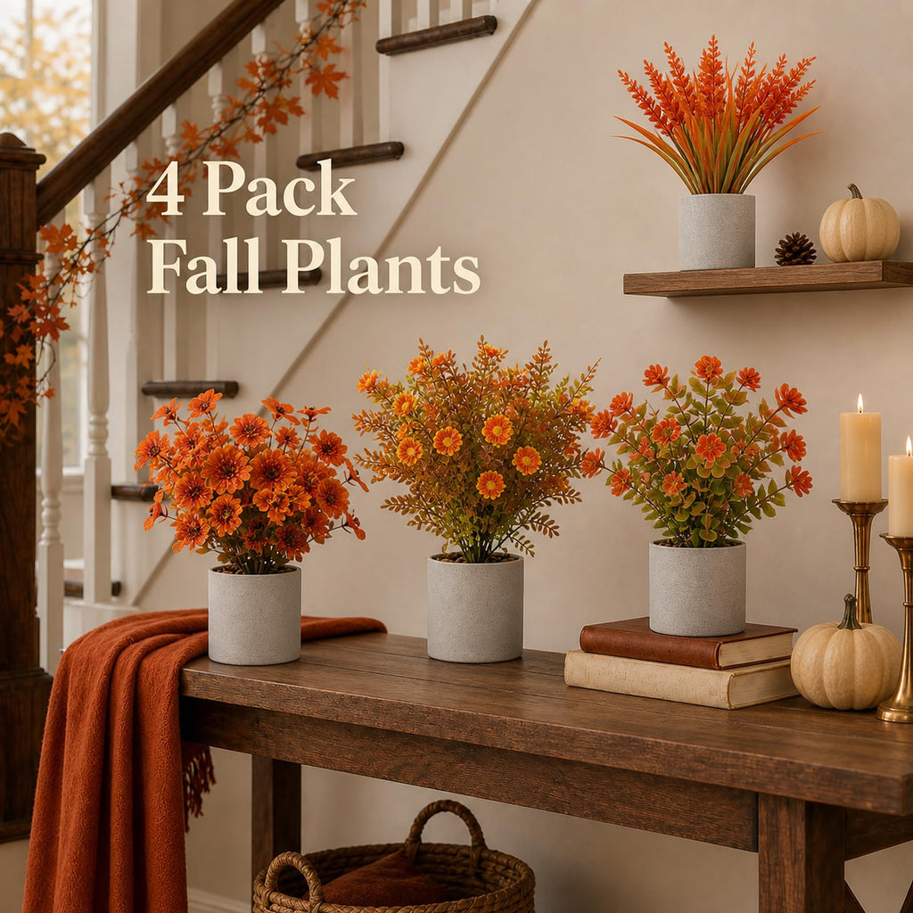 4 Packs Artificial Fall Plants in Pot, Autumn Bathroom Home Decor, Orange