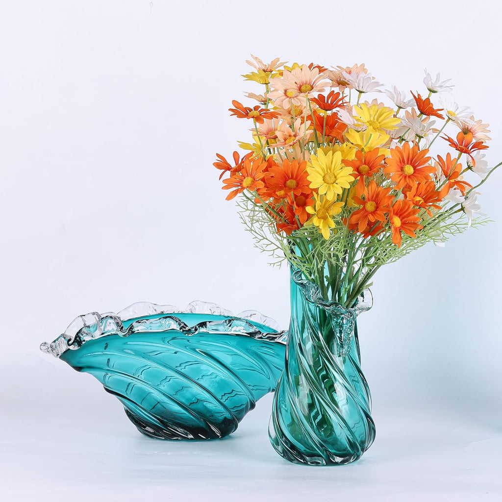 Hand Blown Blue Large Glass Vase Set - Artistic Clear Blue Vase for Coastal & Modern Home Decor, Ocean Wave Vase