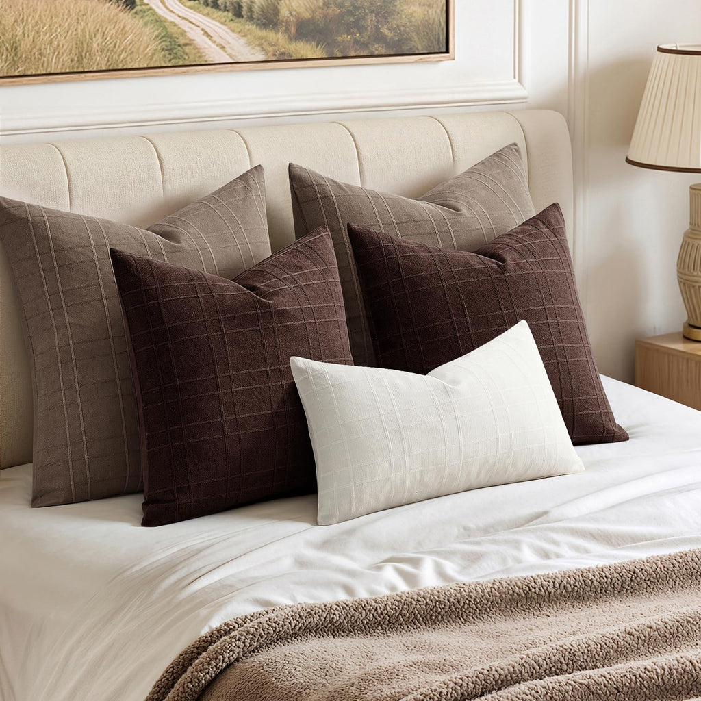 Linen Plaid Pillow Covers Fall Decorative 18x18 Dark Brown