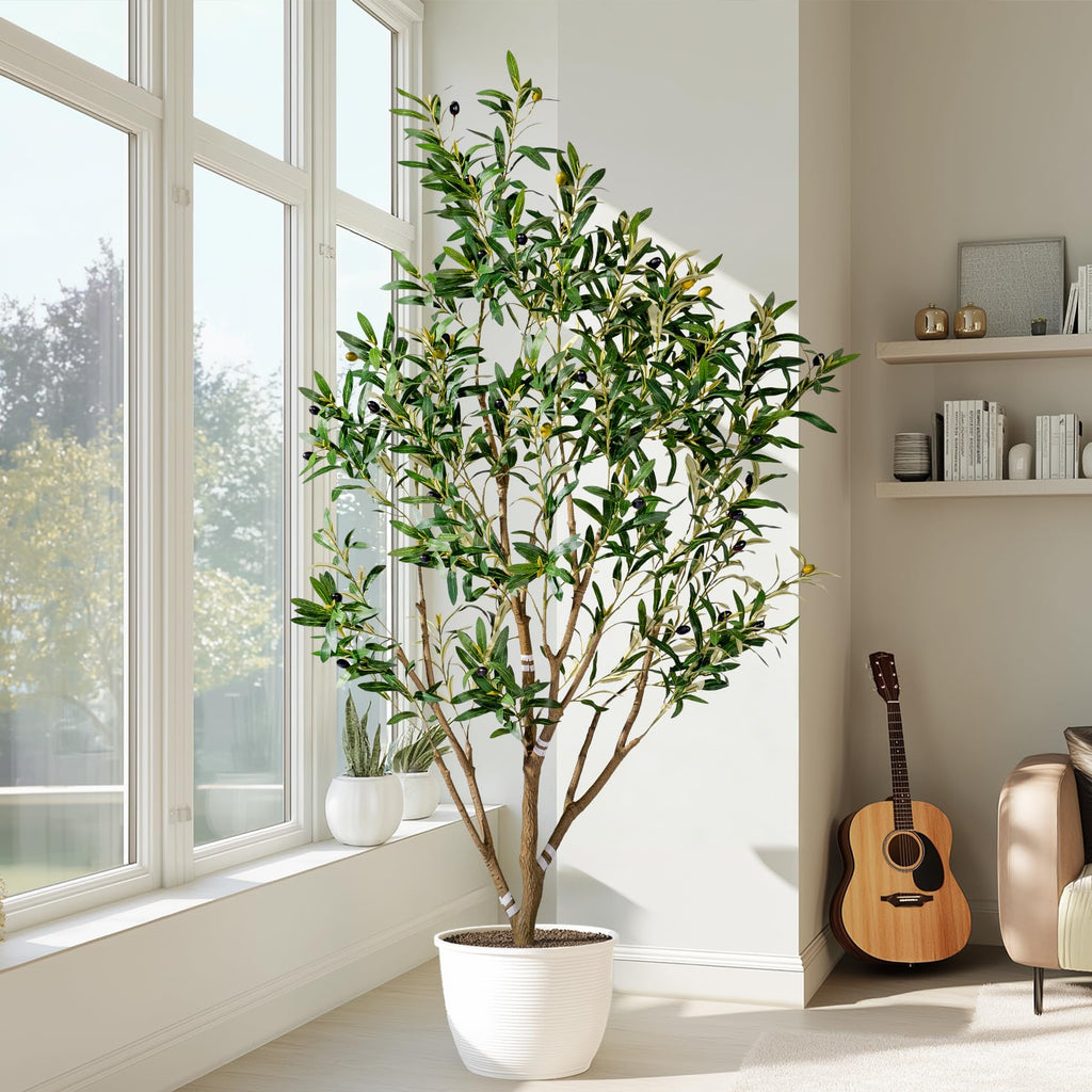 5FT Faux Olive Tree with White Pot & Moss, Artificial Olive Tree Indoor Outdoor, PE/PVC Leaves, Realistic Resin Trunk