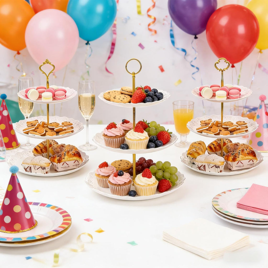 Tiers White Plastic Cupcake Stand Dessert Holder Tiered Serving Trays with 3 Styles Fittings, Party Serving - Set of 3