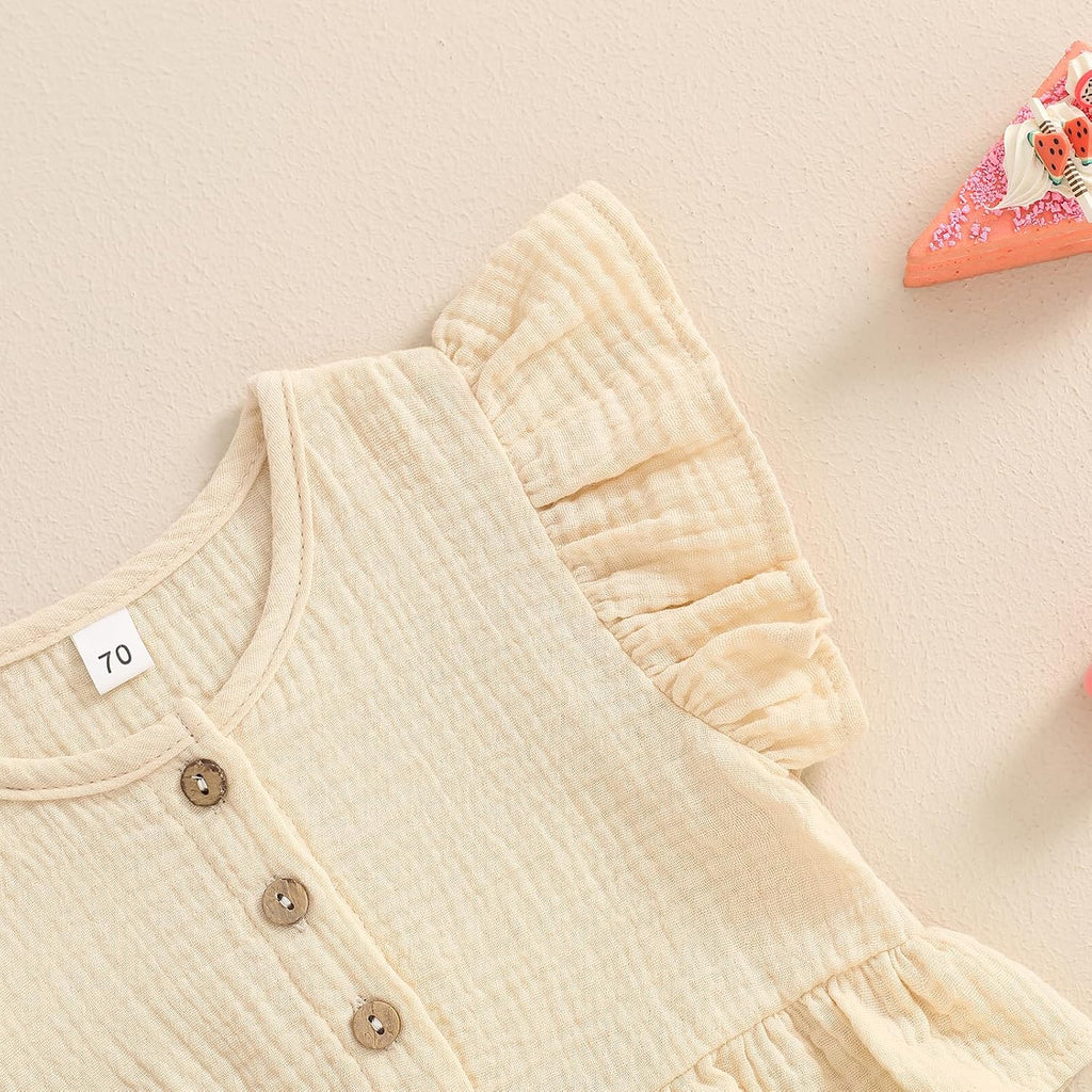 Toddler Baby Girl Solid Color Fly Sleeve Button Ruffle Tops+Bow Shorts Bubble Two Piece Summer Outfit Clothes Set