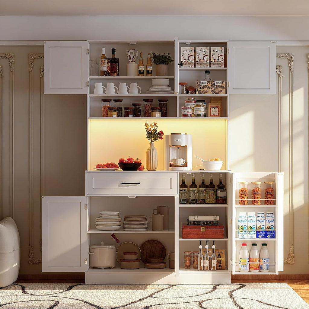 72" Kitchen Pantry Cabinet with LED Light and Charging Station Tall Pantry Storage Cabinet with Adjustable Shelves