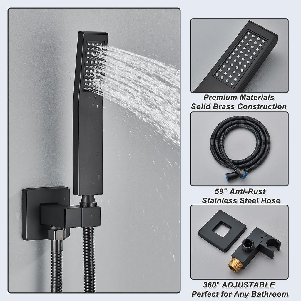 Black Shower System - 10" Rain Shower Head & Handheld Combo, Complete Shower Faucet Set with Rough-in Brass Valve &