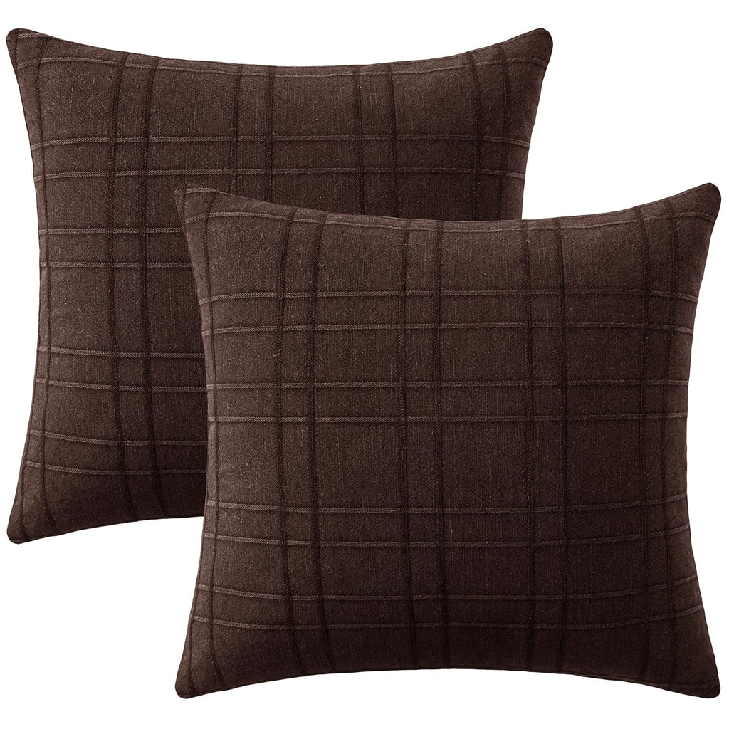 Linen Plaid Pillow Covers Fall Decorative 18x18 Dark Brown