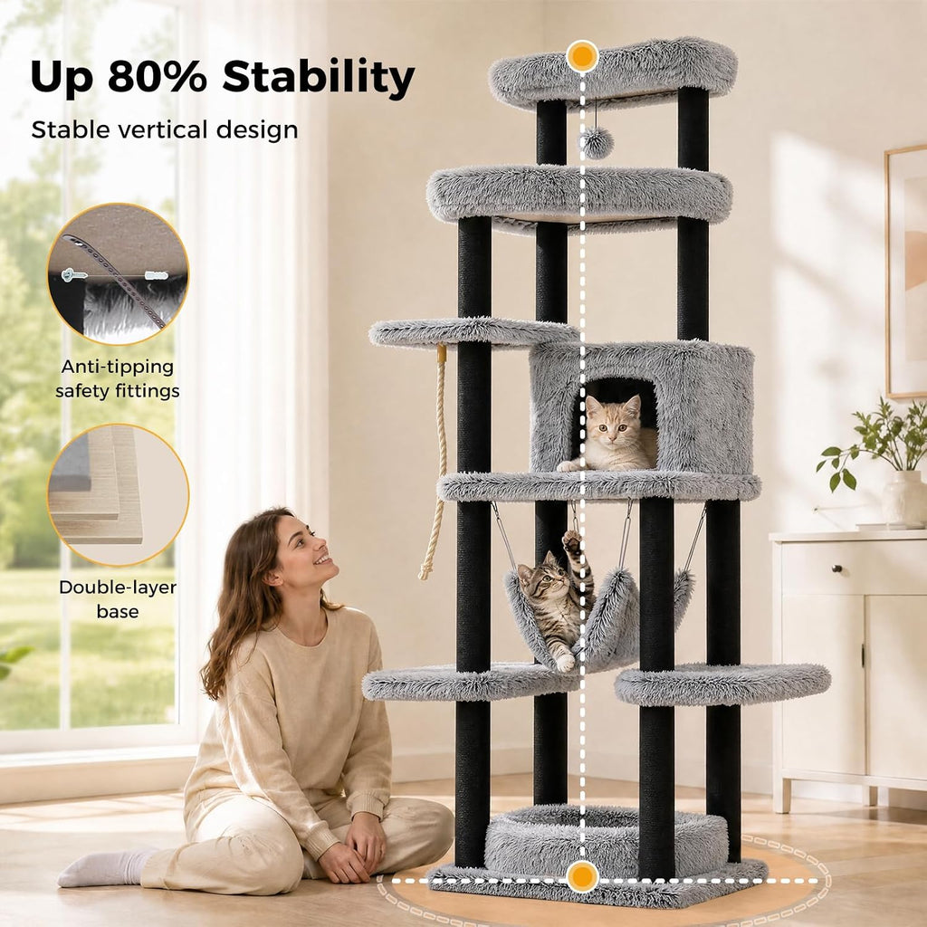 73in Heavy Duty Cat Tree Tower for Large Cats, Soft Long Plush