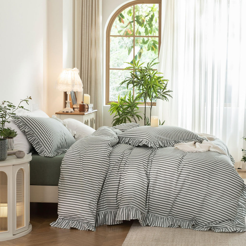 Striped Ruffle Duvet Cover Set Washed Cotton Linen Feel 3‐Pcs