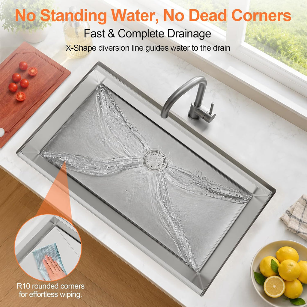 32 Inch Undermount Single Bowl Kitchen Sink,16 Gauge 304 Stainless | Steel Deep 10 Inch Basin, R10 Easy-Clean