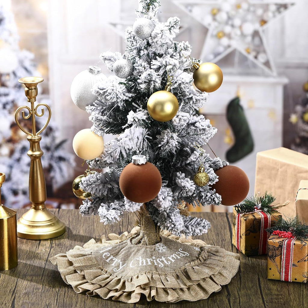 Inch Mini Burlap Christmas Tree Skirt Rustic Farmhouse Small Tree Skirt Linen Burlap Mat Printed with White - Set of 3