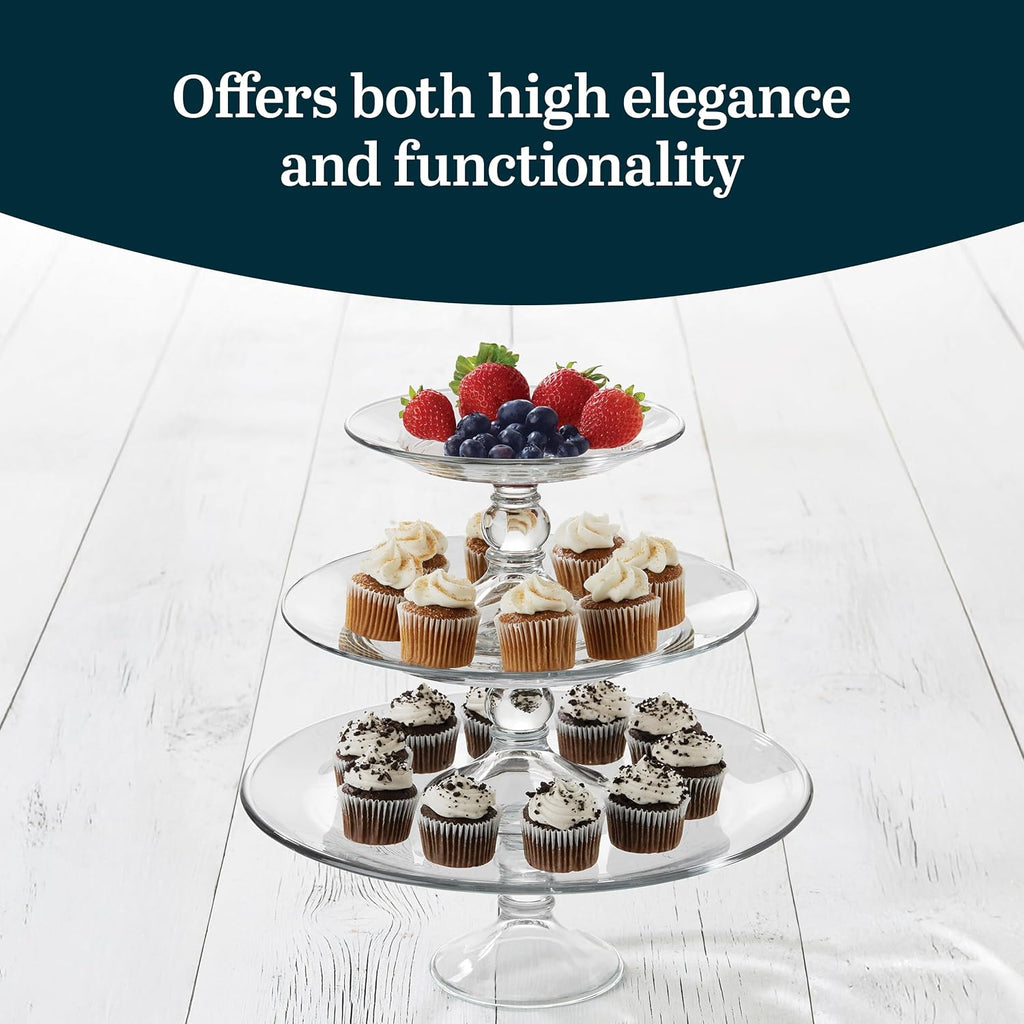 Selene 3 Tier Serving Stand Set, Elegant, Curvy Style Glass Dessert Stand, Dishwasher Safe 3 Tiered Dessert Stand - Set of 3