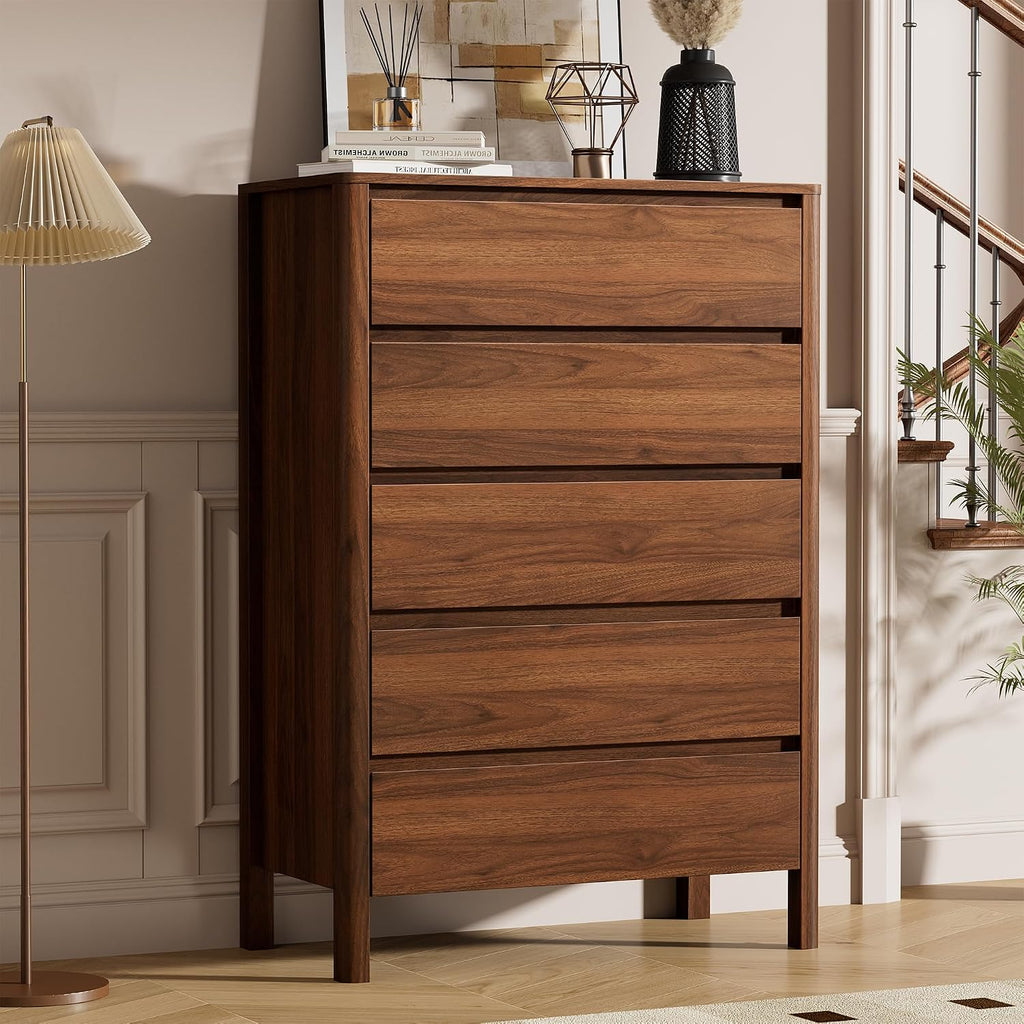 Walnut Dresser , 5 Drawer Dresser with Wood Legs, Tall Wood Dresser, Mid Century Modern Chest of Drawers, Large