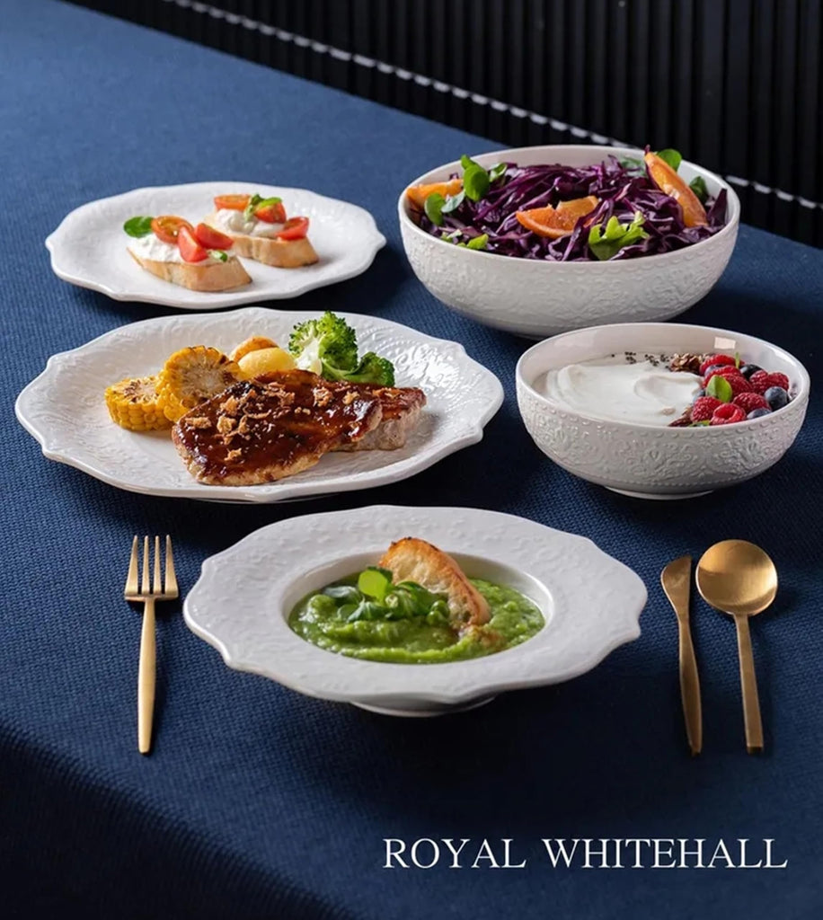 England 20-Piece Porcelain Dinnerware Set for 4,White Embossed