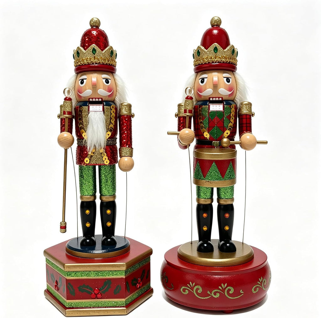 2pcs Christmas Nutcracker Music Box Wooden Nutcrackers Figurines Ornaments Solider Statue Figure Musical Box(King)