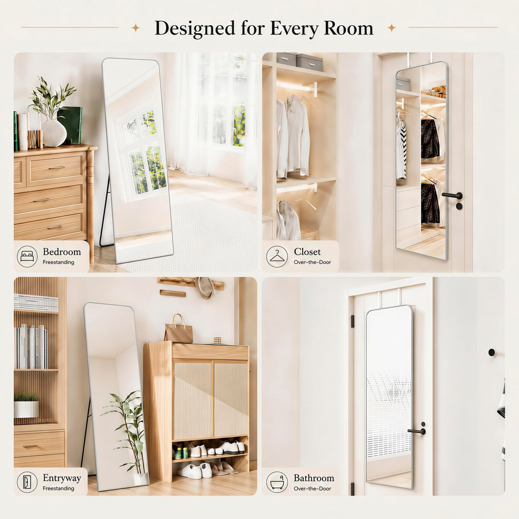 57x20" Full Length Mirror Floor Stand, Over the Door, Wall Mounted Silver